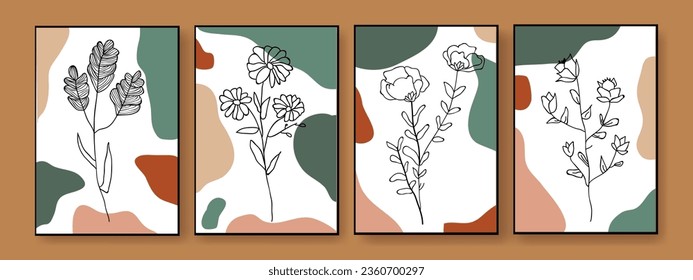 Set of abstract bohemian style wall decor, design for wallpaper, sun, moon, vase, leaf in aesthetic, modern minimalist art, cover, print, terracotta, beige.