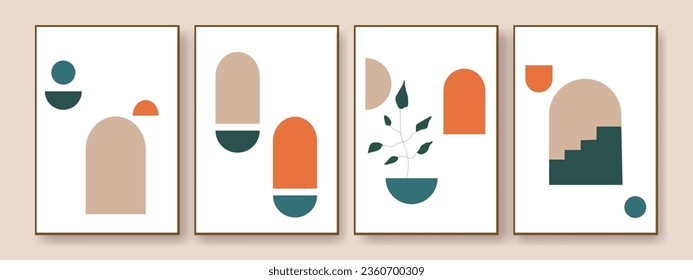 Set of abstract bohemian style wall decor, design for wallpaper, sun, moon, vase, leaf in aesthetic, modern minimalist art, cover, print, terracotta, beige.