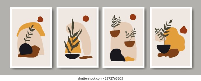 Conjunto de decoración abstracta de pared de estilo bohemio, diseño de papel pintado, sol, luna, jarrón, hoja estética, arte moderno minimalista, cubierta, estampado, terracota, beige.