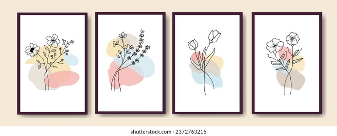 Set of abstract bohemian style wall decor, design for wallpaper, sun, moon, vase, leaf in aesthetic, modern minimalist art, cover, print, terracotta, beige.