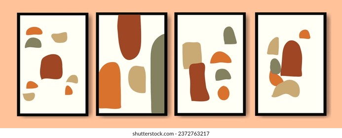 Set of abstract bohemian style wall decor, design for wallpaper, sun, moon, vase, leaf in aesthetic, modern minimalist art, cover, print, terracotta, beige.