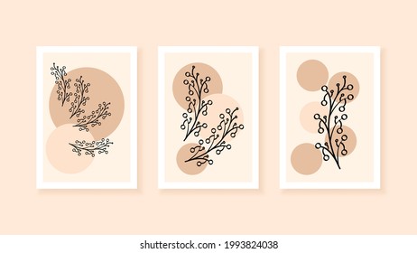 Set Abstract Boho Collection Contemporary Vector Botanical Floral Plants Desgin Doodle Elements Posters Minimal Natural For Print, Cover, Invitation, Greeting Card Wallpaper Wall Art
