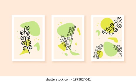 Set Abstract Boho Collection Contemporary Vector Botanical Floral Plants Desgin Doodle Elements Posters Minimal Natural For Print, Cover, Invitation, Greeting Card Wallpaper Wall Art