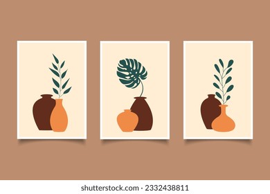 Satz abstrakter boho zeitgenössischer Vasen und hinterlässt minimales Design für Wand druckbar