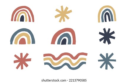 Set of abstract boho design element. Collection of childish geometric shape for retro design style 