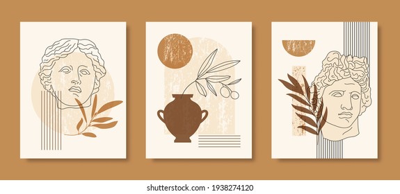Set of Abstract Boho Illustration with Antique Statue Head and Geometric Shapes in a Minimal Style. Vector Background