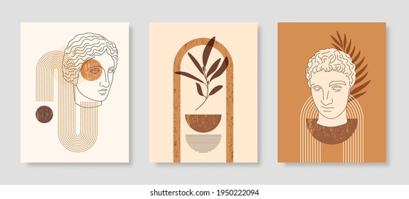 Set of Abstract Boho Illustration with Antique Statue Head, Geometric Shapes and Floral. Vector Contemporary Background