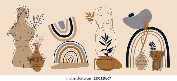 Set of Abstract Boho Illustration with Antique Statue, Geometric Shapes and Floral. Vector Contemporary Background boho minimalism style