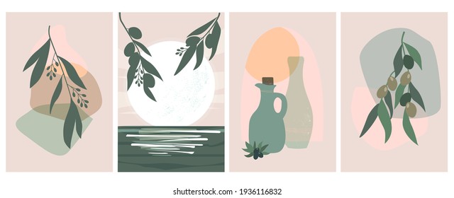 Set of abstract boho minimalistic contemporary still lifes, landscape. Branches and flowers of olive plants. Summer, sun in Greece, bottles, amphorae oil. Vector graphics.