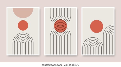 Set of abstract boho modern posters, with orange sun and grey arc line. Minimalist design for background, wall art cover, wallpaper, card, interior décor, vector illustration.