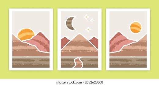 Set of Abstract Boho Mountain , Sun and Crescent Moon Poster Illustration
