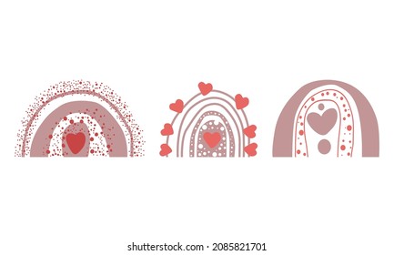 Set of abstract boho rainbows with hearts. Minimalism. Wall decor. Design elements for book cover, page template, print, card, brochure, magazine, poster. Vector