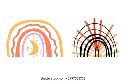 Set of abstract boho rainbows with sun and moon. A rainbow minimalist print for the nursery in pastel colors. Vector illustration