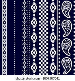 Set of abstract borders. Vertical ornaments with paisleys and geometric elements. Retro textile collection. White on dark blue background.