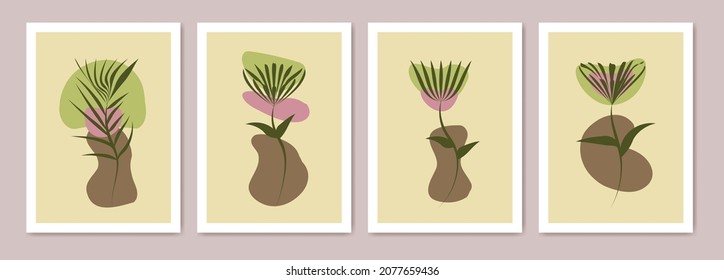 set of abstract botanical backgrounds. Modern shape line art, boho foliage, botanical tropical leaves floral design for wallpaper, home decor, wall art.