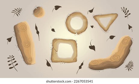 Conjunto de elementos botánicos abstractos. Madera petrificada flotante rodeada de follaje. Línea de follaje con forma abstracta. Diseño de la planta de fantasía. Diseño minimalista y natural. Ilustración vectorial.