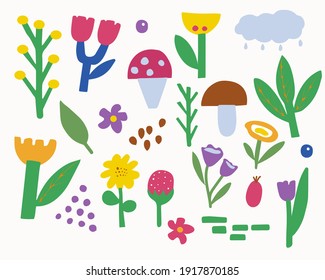 Set of abstract botanical elements. Plants, flowers, berries and mushrooms. simple minimalist style. Elements for the design are hand drawn. Decorative isolated illustrations for textiles and prints. 