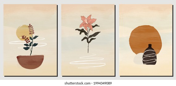 Set abstract botanical hand drawn water color print boho minimalist wall art home decor floral print leaves art work, vector