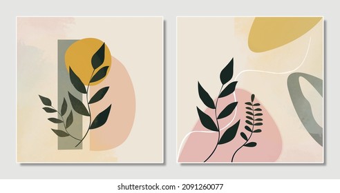 Set abstract botanical hand drawn water color print boho minimalist wall art home decor floral print vector Eps 10