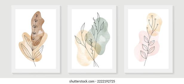 Set of abstract botanical leaf wall art template. Collection of watercolor vintage style with line art foliage on white background. Poster design for wall decoration, interior, wallpaper, banner.