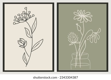 Conjunto de dibujos de líneas botánicas abstractas en colores verdes de sabios modernos. Verdor de moda, flores silvestres diminutas y colección de bocetos dibujados a mano. Logo, tatuaje, diseño de vectores de arte de pared