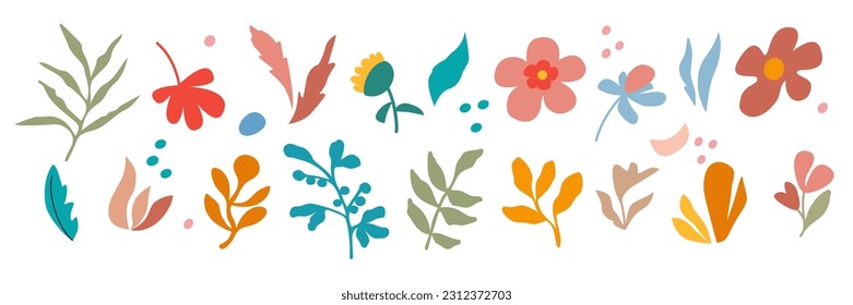 Conjunto de formas botánicas abstractas, estilo Matisse. Plantas, flores, hojas, collage de cortes de papel. Elemento vectorial de diseño moderno para patrones, postales, decoración, impresión, cubierta, papel pintado.