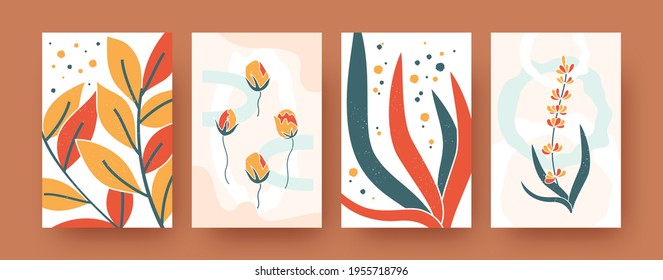 Set of abstract botanical shapes in pastel colors. Minimal beautiful floral templates in retro background. Nature and greenery concept for social media, postcards, invitation cards