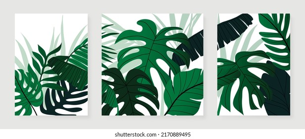 Set of abstract botanical wall art vector. Tropical plants, leaf branches, palm, monstera, foliage. Collection of botanical wall decoration perfect for decorative, interior, prints, banner.