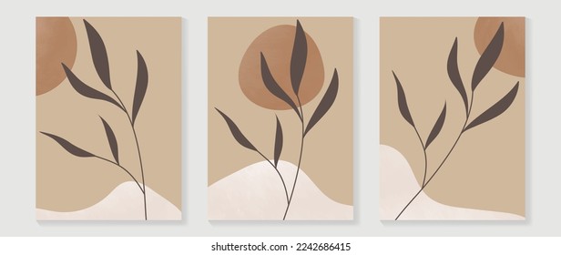 Set of abstract botanical wall art vector illustration. Collection of natural leaf branch and organic shape on brown background. Design suitable for wallpaper, home decor, cover, card, poster, banner.