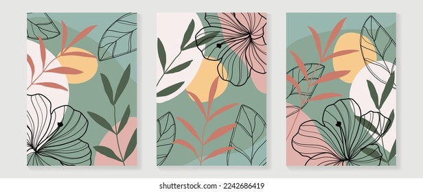 Set of abstract botanical wall arts vector illustration. Collection of flower and leaf branch line art on colorful background. Design suitable for wallpaper, home decor, cover, card, poster, banner.