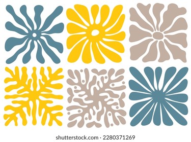 Montaje de huellas botánicas abstractas al estilo del arte naive.Afiches retro de moda con hojas y flores. 70 de ellos, con un fondo de mugre. Formas de plantas botánicas contemporáneas decorativas. Estética hippie. Vector