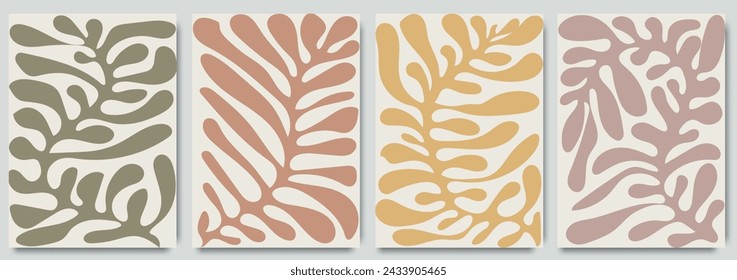 Set of abstract botany prints in naive art style. Seventies, groovy backgrounds. Decorative contemporary botanical plant shapes. Hippie Aesthetic floral posters in trendy retro 60s 70s style.