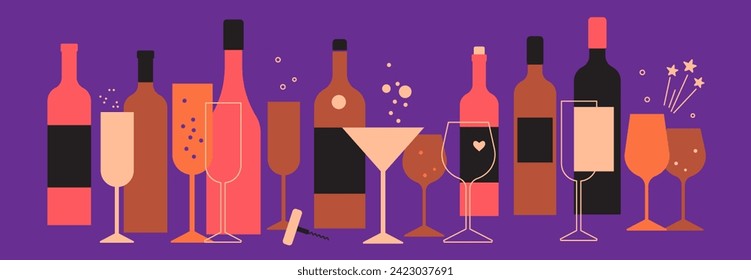 Un conjunto de botellas abstractas, vasos de vino. Cóctel, bebida alcohólica. Etiquetas sin títulos. Ilustración para el bar, cafetería, diseño de menú de restaurante. Cata de vinos. Elementos vectoriales modernos sobre púrpura