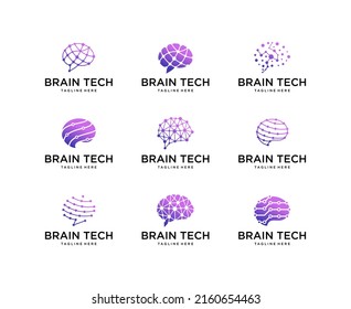 Set Of Abstract Brain Logo Design Vector. Logo For Science Innovation, Machine Learning, Ai, Medical Research Technology