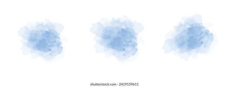 Set of abstract bright blue watercolor water splash on a white background. Vector watercolour texture in salad color. Ink paint brush stain. Green splatters spot. Watercolor pastel splash