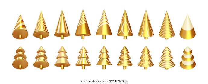 Conjunto de abstracto árbol de Navidad brillante aislado en fondo blanco. 3d colección de árboles de navidad decorativos dorados. Vista frontal de juguetes de abetos en forma de metal pulido. Ilustración del vector