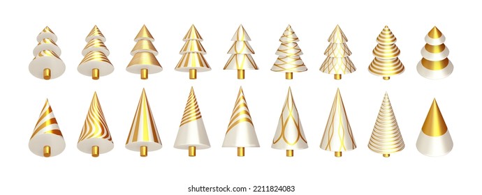 Set of abstract bright Christmas tree isolated on white background. 3d render collection of golden decorative christmas trees. Front view of fir trees toys in polished metal form. Vector illustration
