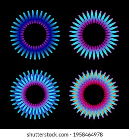 Set of abstract bright circles with a gradient on a black background. Blue and purple shades.
