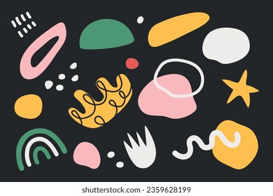 Conjunto de formas abstractas de colores vivos de diferentes tamaños y formas. El fondo moderno y de moda. Aislado. Nubes y zigzags, flores. Ilustración de material vectorial. Crítica. Curvatura y angularidad.