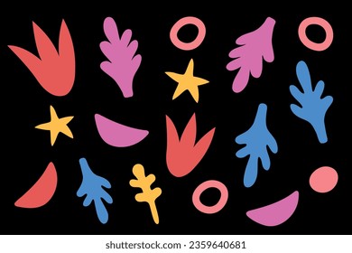 Set of abstract bright colored shapes of different sizes and shapes. Scribble. Curvature and angularity.Modern and trendy Background. Isolated. Clouds and zigzags, flowers. Vector stock illustration.