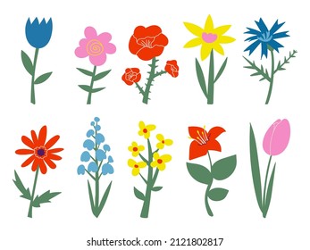 Set of abstract bright colorful flowers. Isolated on white background. Simple shapes, trendy style. Good for print, poster, social media decor, wallpapers.