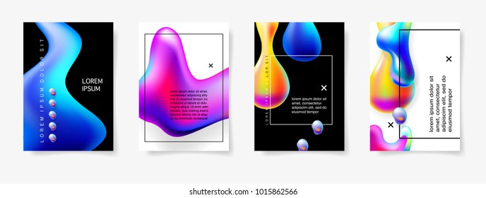 set of abstract bright colorful plasma drops shapes pattern on white and black background for banner, card, poster, web design, vector illustration collection 