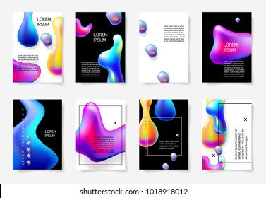 set of abstract bright colorful plasma drops shapes pattern on white and black background for banner, card, poster, web design, vector illustration collection 