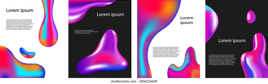 set of abstract bright colorful plasma drops shapes pattern on white and black background for banner, card, poster, web design, vector illustration collection