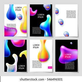 set of abstract bright colorful plasma drops shapes pattern on white and black background for banner, card, poster, web design, vector illustration collection eps10