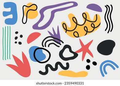 Un conjunto de formas abstractas coloridas y brillantes de diferentes tamaños y formas. Ilustración de material vectorial. El fondo es moderno. Crítica. Aislado. Curvatura y angularidad.