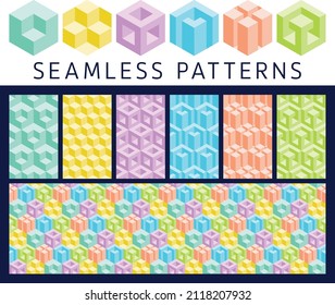 Ensemble d'éléments et de motifs géométriques harmonieux 3d de couleurs vives abstraites. Illusion d'optique hexagonale isométrique, éléments cubiques modernes et arrière-plans répétitifs.