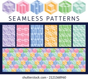 Ensemble d'éléments et de motifs géométriques harmonieux 3d de couleurs vives abstraites. Illusion d'optique hexagonale isométrique, éléments cubiques modernes et arrière-plans répétitifs.
