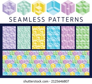 Set of abstract bright colors 3d geometric seamless elements and patterns. Isometric hexagonal optical illusion modern various cube elements and repeating backgrounds.