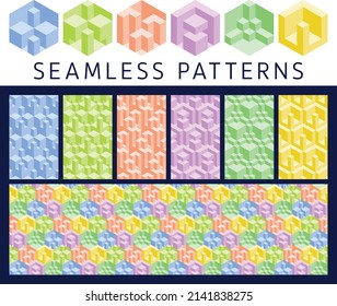 Satz abstrakter heller Farben 3d geometrische nahtlose Elemente und Muster. Isometrische sechseckige optische Täuschung modernisiert verschiedene Würfel Elemente und wiederholt Hintergründe.